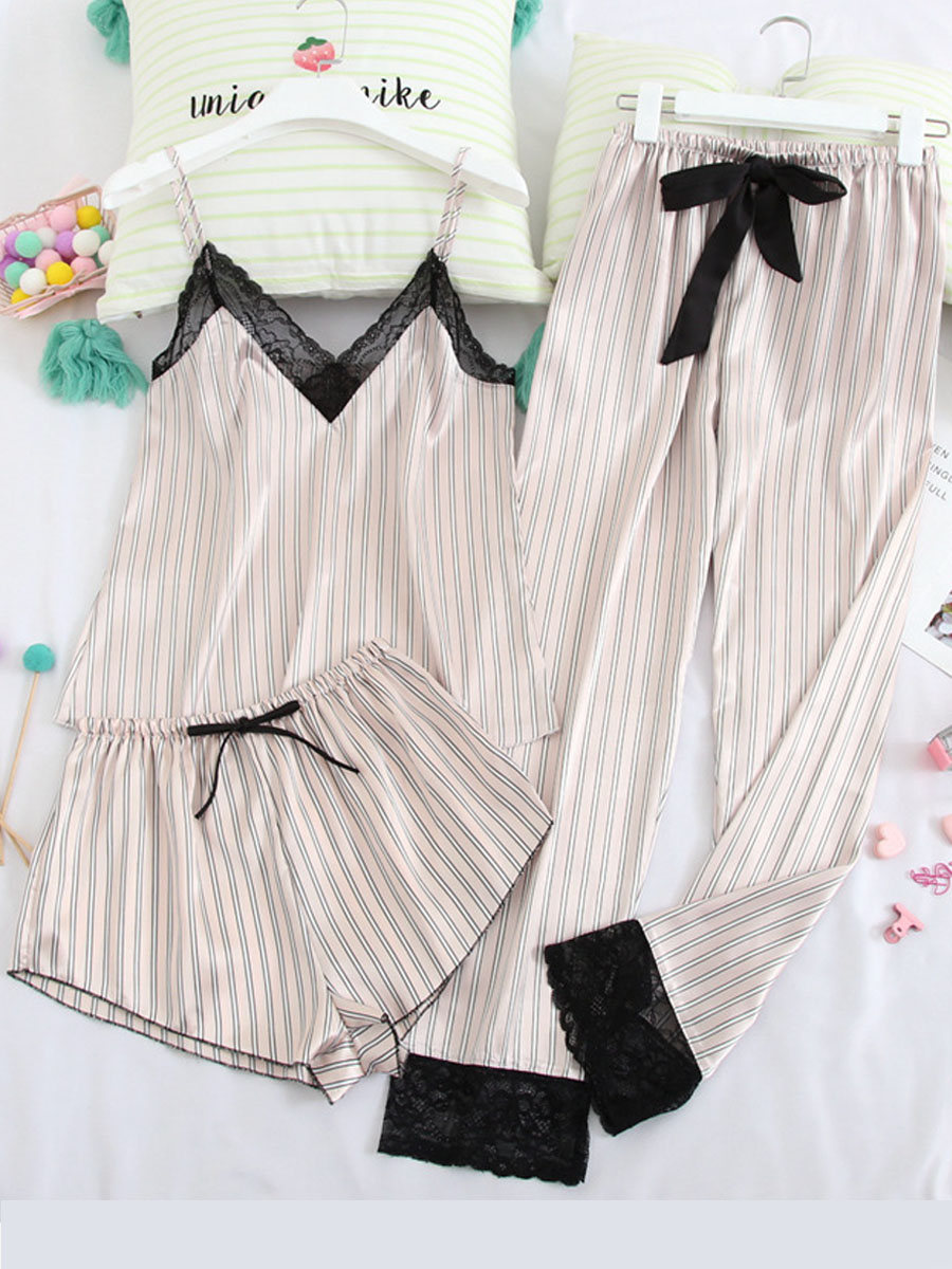 

Lovely Casual Striped Bow-tie Decoration White Sleepwear