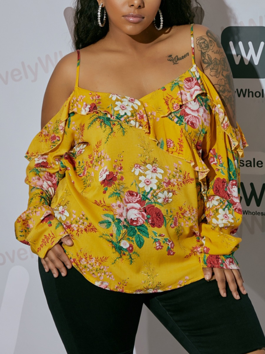 

Lovely Plus Size Boho Floral Print Flounce Design Yellow Blouse