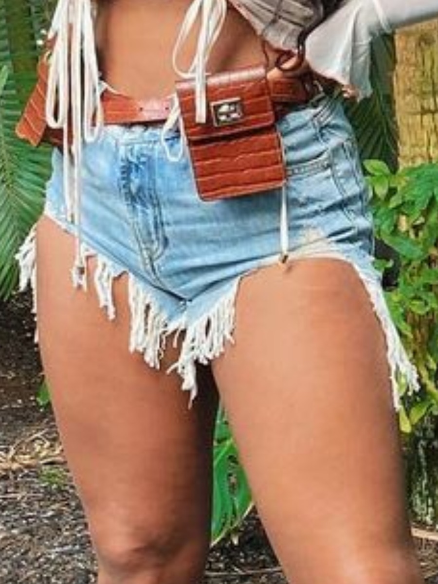 

Lovely Casual Mid Waist Tassel Design Blue Denim Shorts