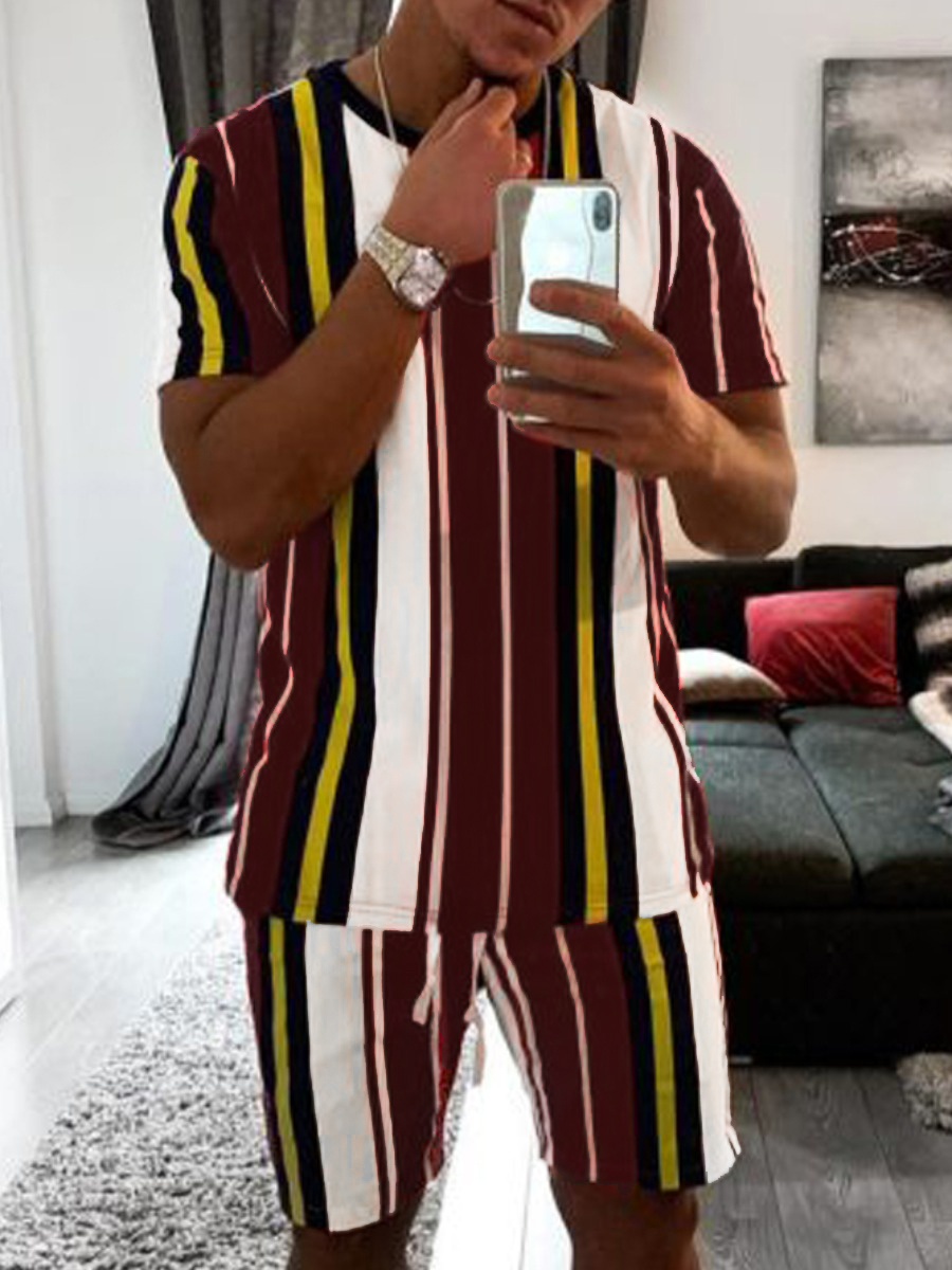 

Lovely Men Street Striped Patchwork Multicolor Two Piece Shorts Set, Multi