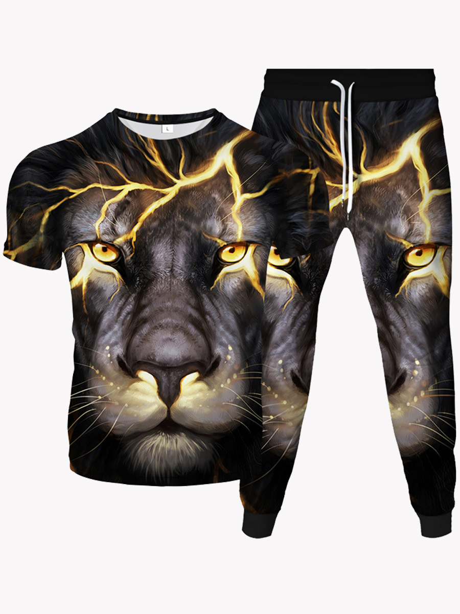 

LW Men Street Animal Print Drawstring Black Two Piece Pants Set