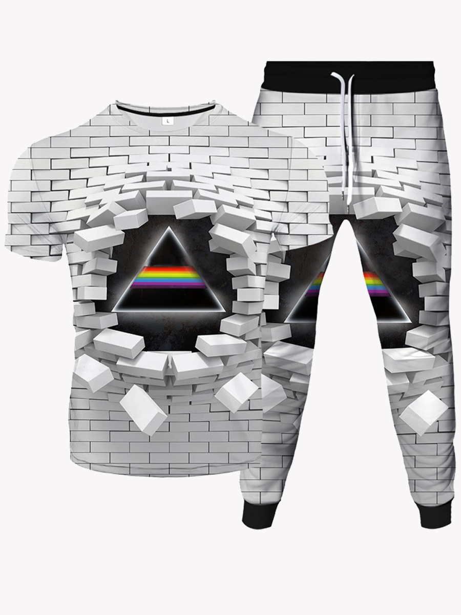 

Lovely Men Street Brick Print Drawstring White Two Piece Pants Set