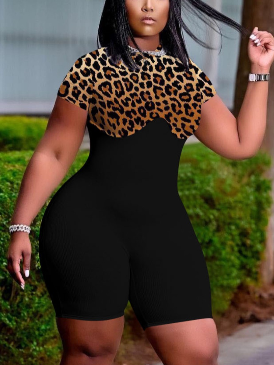 

LW Street O Neck Leopard Print Patchwork One-piece Romper