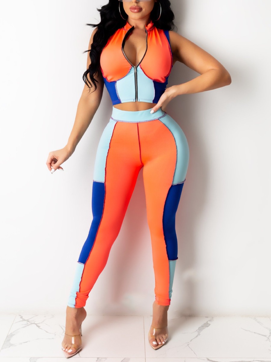 

Lovely Sporty Color-lump Zipper Design Orange Two Piece Pants Set