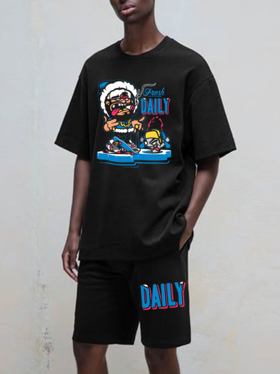 

Lovely Men Casual Cartoon Letter Print Black Two Piece Shorts Set