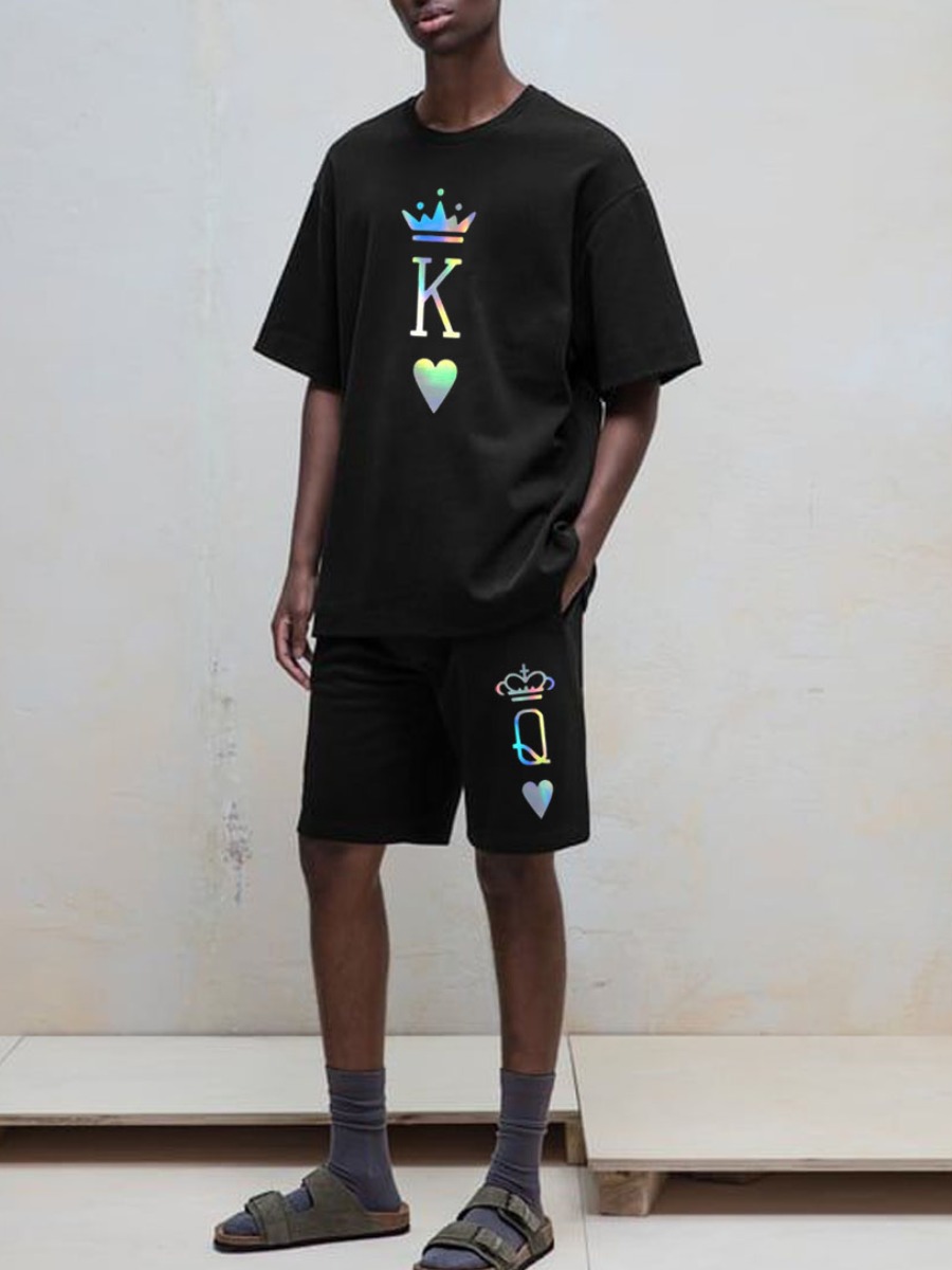 

Lovely Men Casual Crown Letter Print Black Two Piece Shorts Set