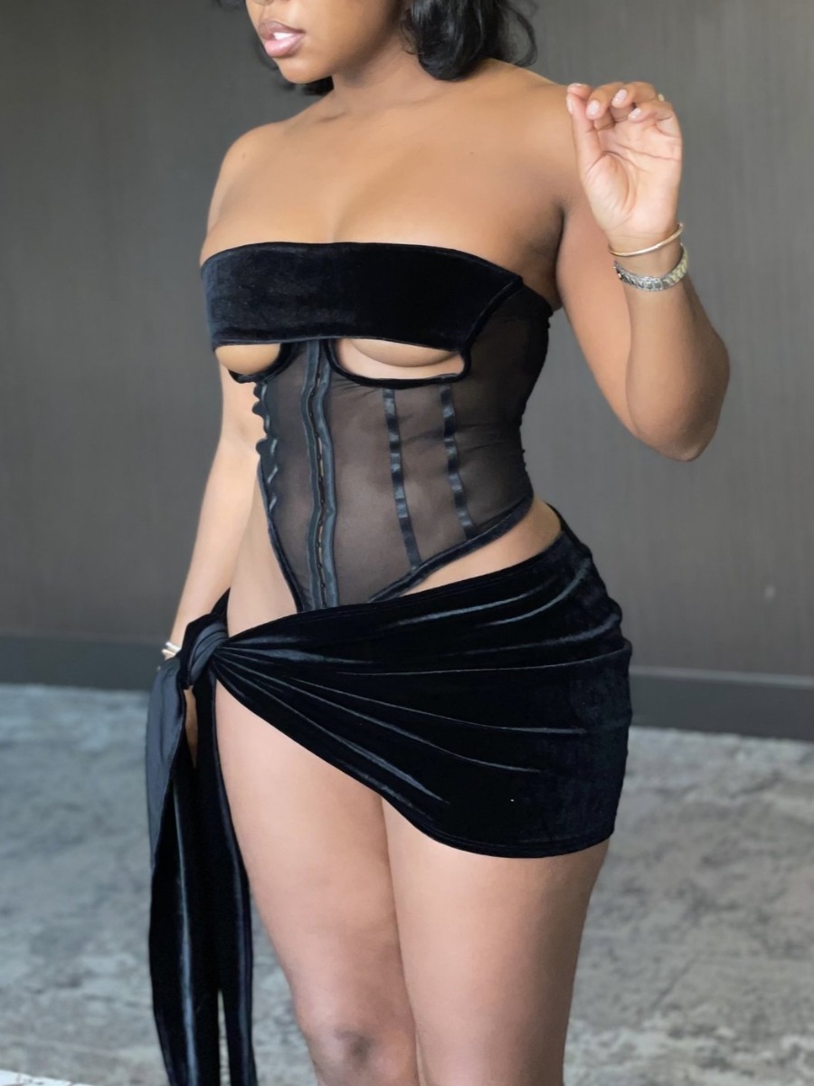 LW SXY Off The Shoulder See-through Bandage Design Black Two Piece Skirt Set