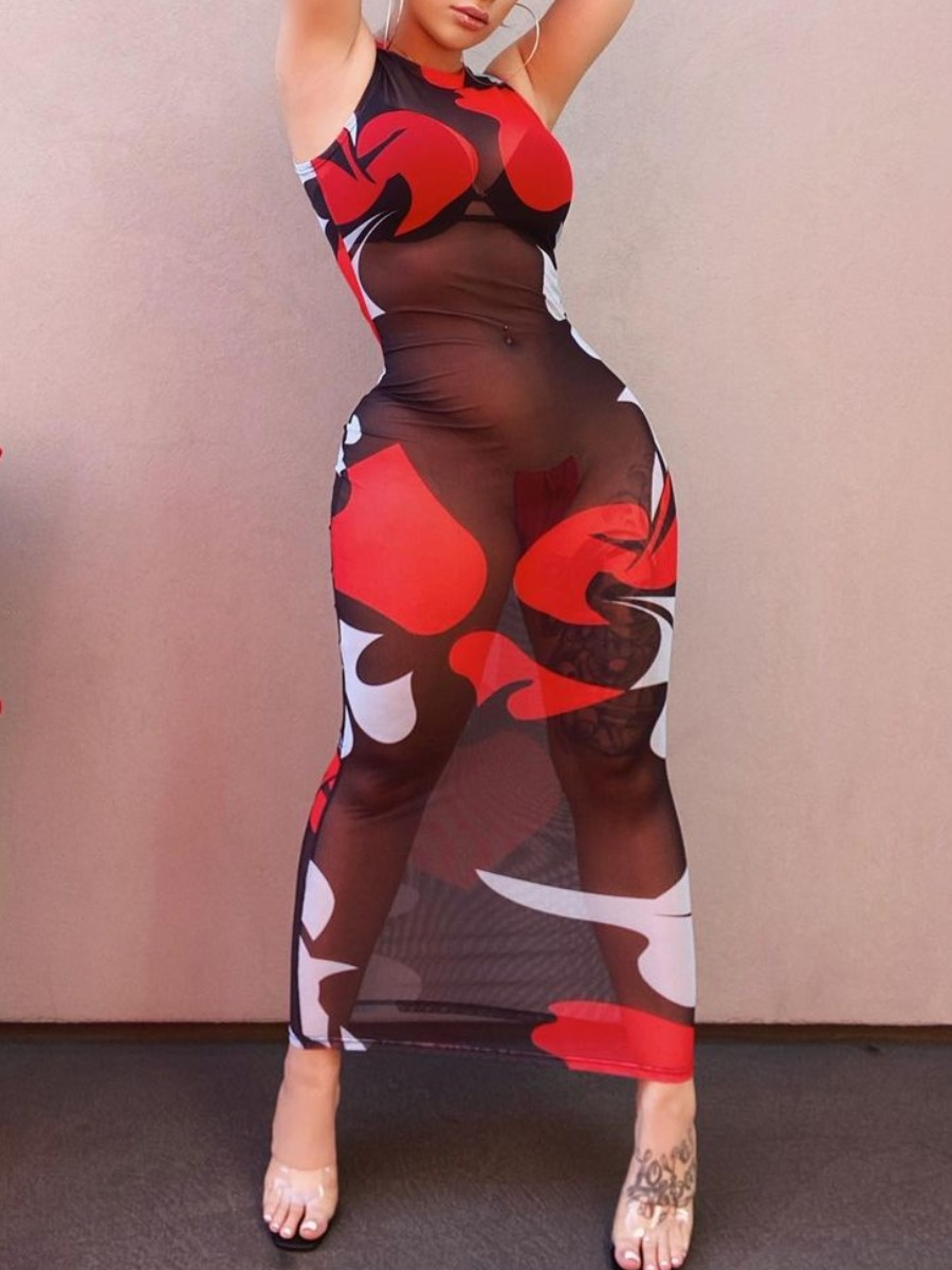 

Lovely Street See-through Print Patchwork Red Ankle Length Dress