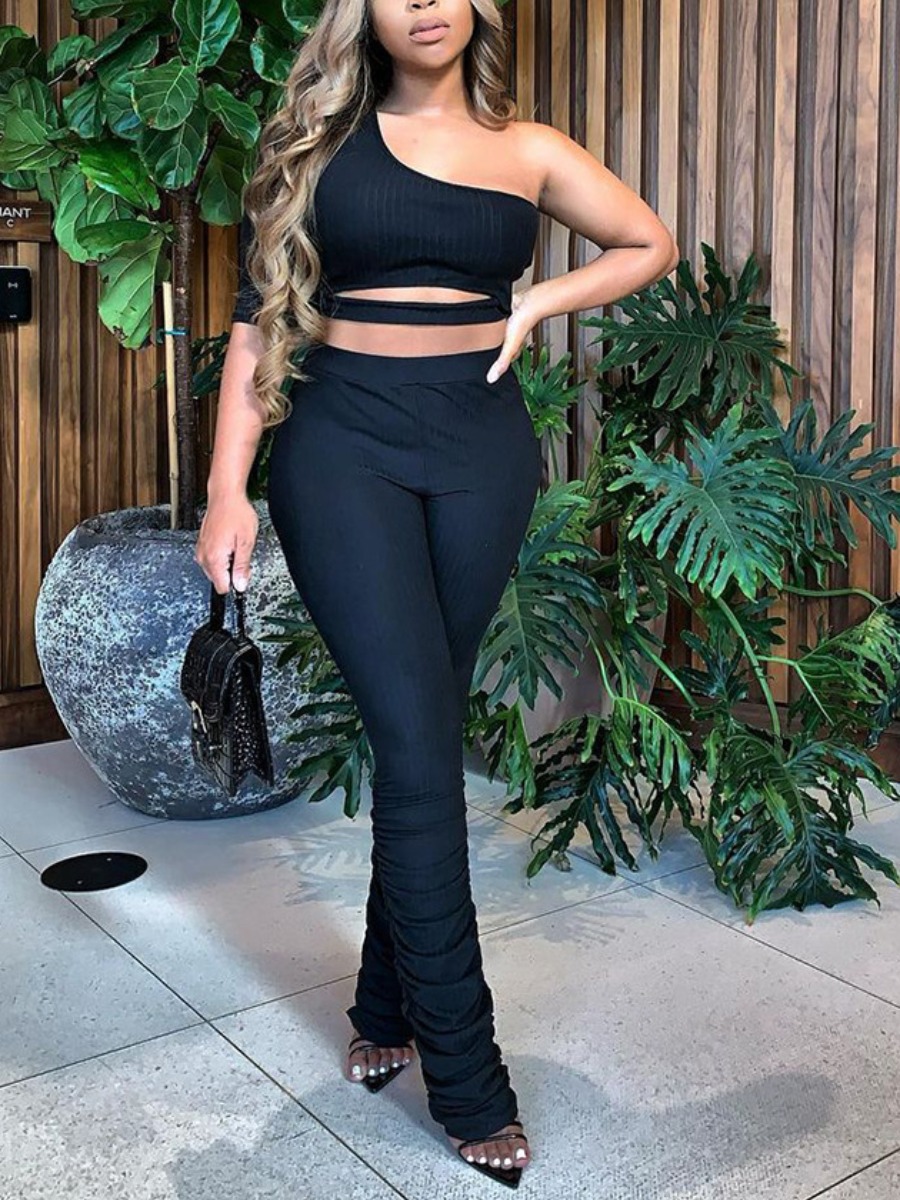 

Lovely Street One Shoulder Fold Design Black Two Piece Pants Set