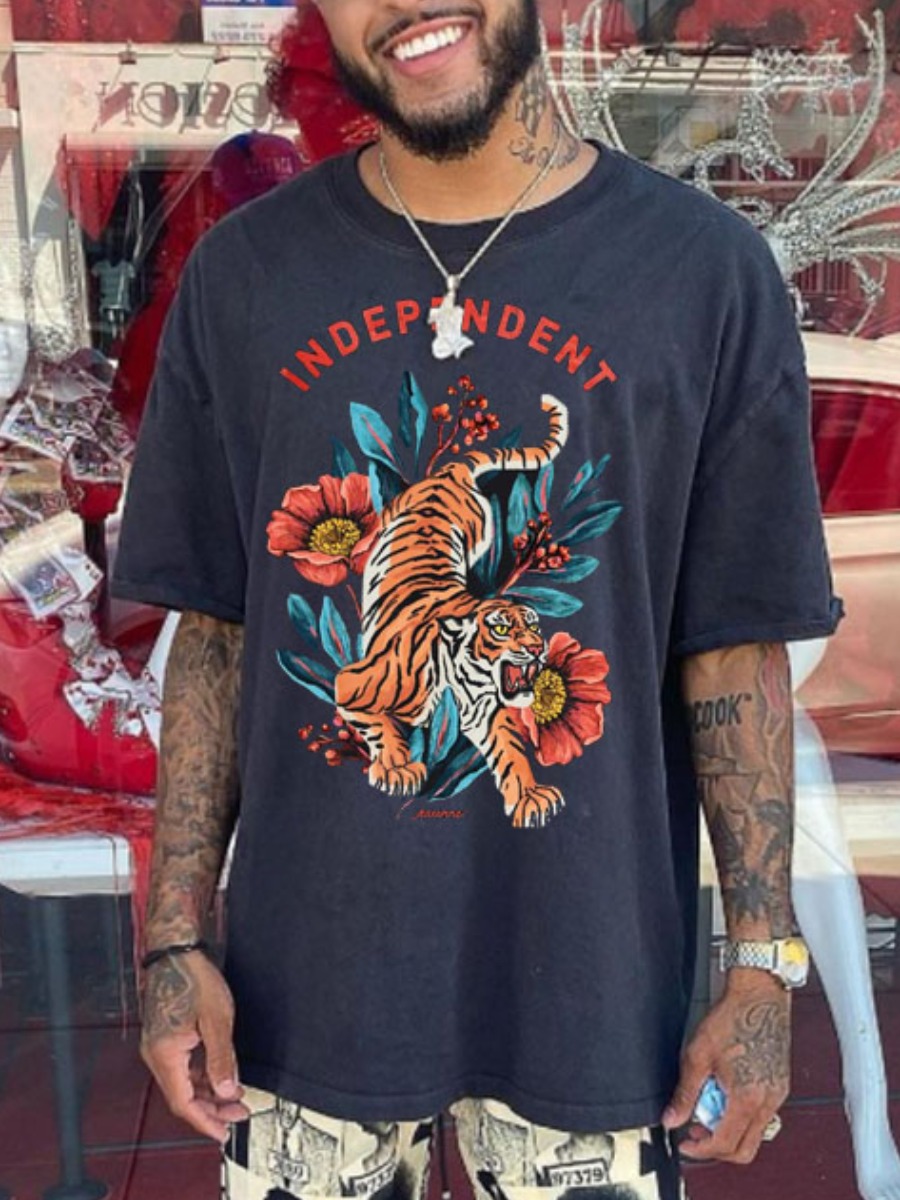 

Lovely Men Casual Tiger Floral Print Black T-shirt