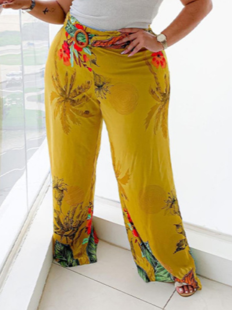 

Lovely Plus Size Boho Floral Print Metal Ring Decoration Yellow Pants