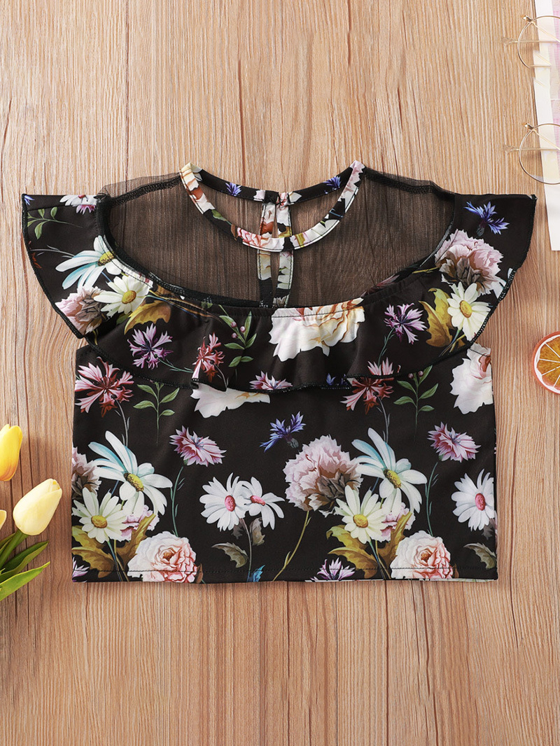 

Lovely Girl Sweet Floral Print See-through Black Blouse