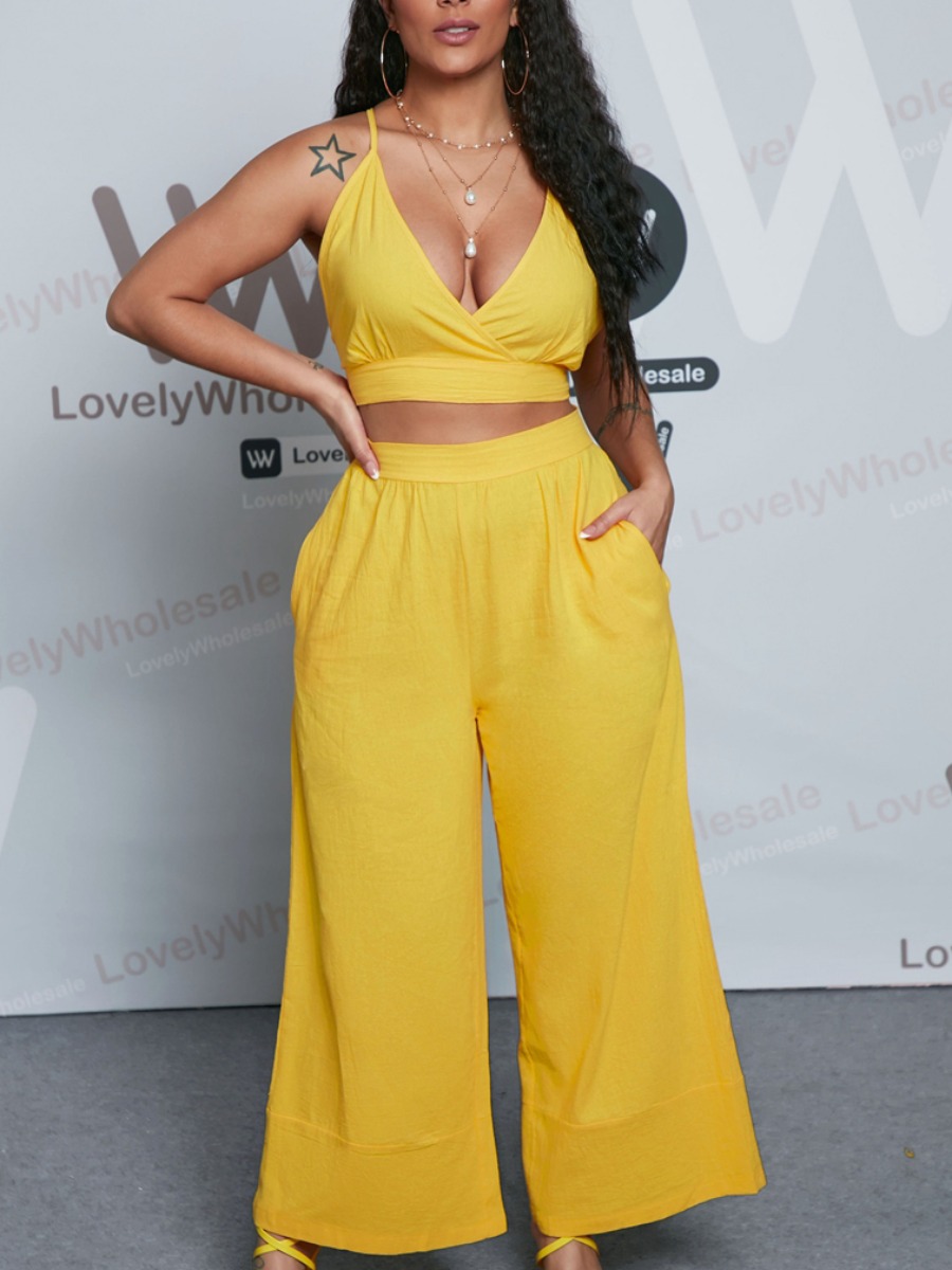 

Lovely Boho Backless Bandage Design Yellow Two Piece Pants Set