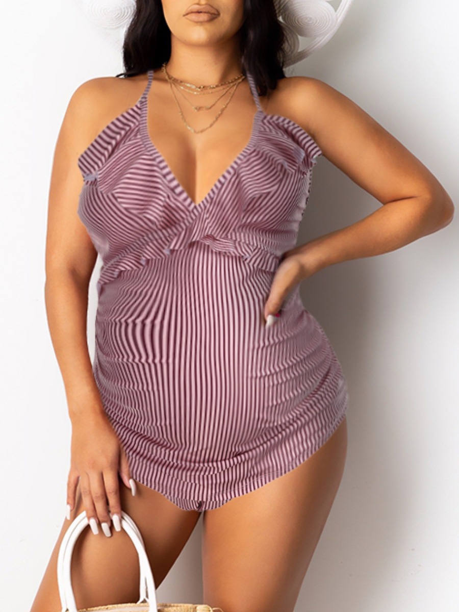 

Lovely Boho Striped Flounce Design Red One-piece Maternity Swimsuit