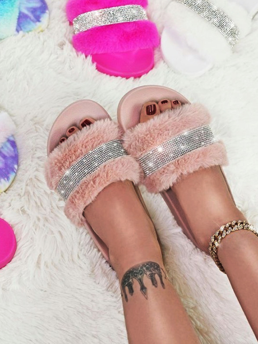 

Lovely Casual Sequined Fluffy Light Pink Slippers