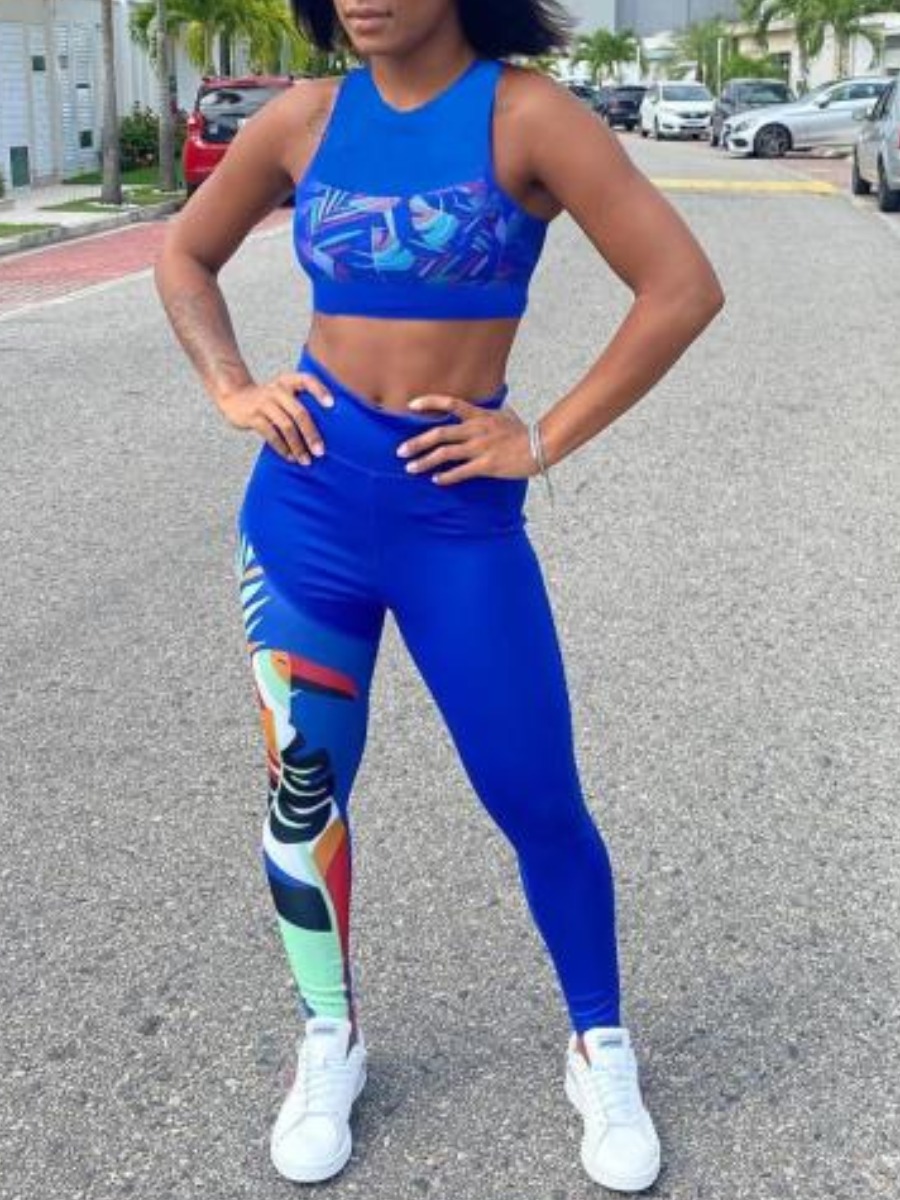 

Lovely Sporty Floral Print Crop Top Blue Yoga Two Piece Pants Set
