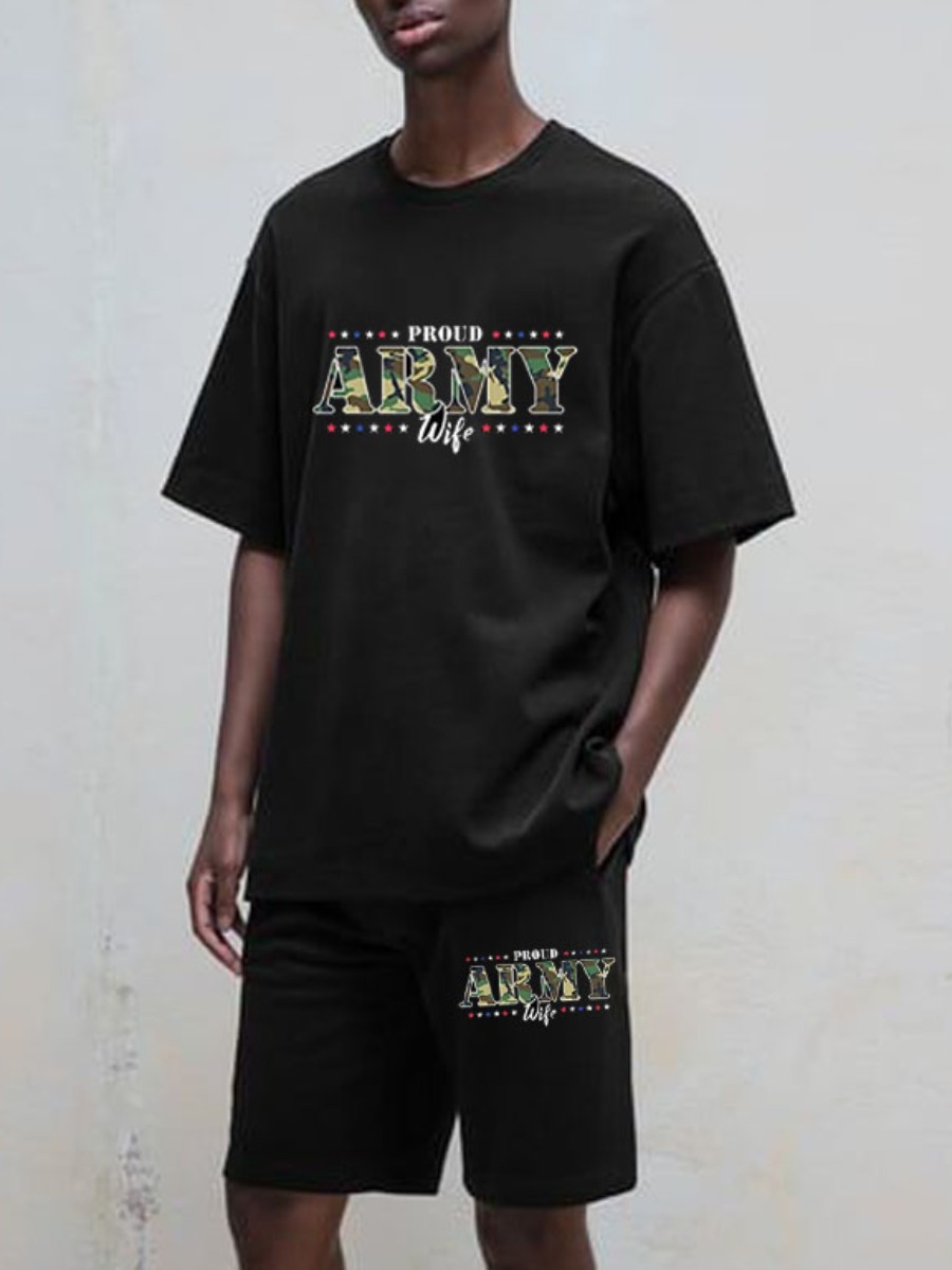 

Lovely Men Casual O Neck Letter Print Black Two Piece Shorts Set