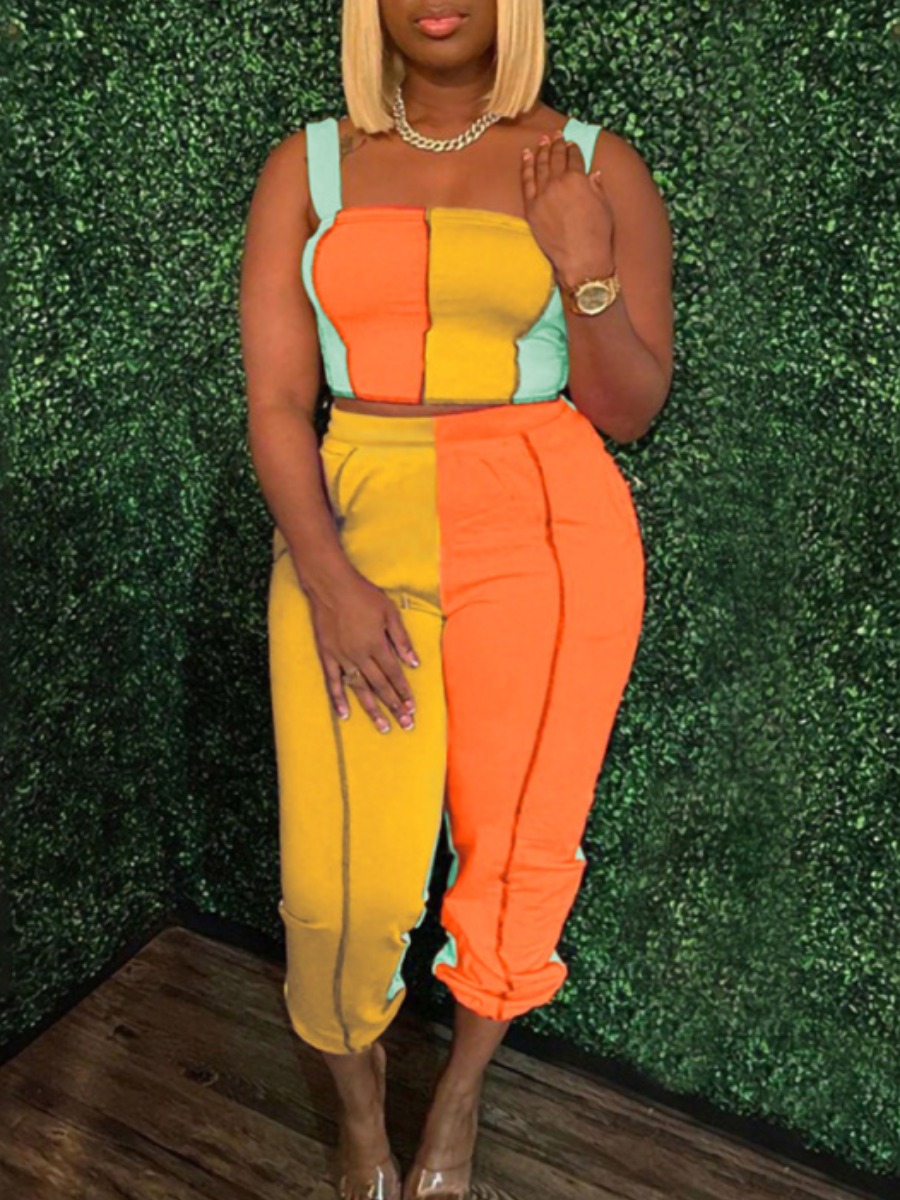 

Lovely Plus Size Street Color-lump Patchwork Yellow Two-piece Pants Set