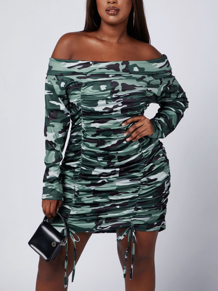 

Lovely Street Off The Shoulder Camo Print Drawstring Mini Plus Size Dress, Army green camouflag