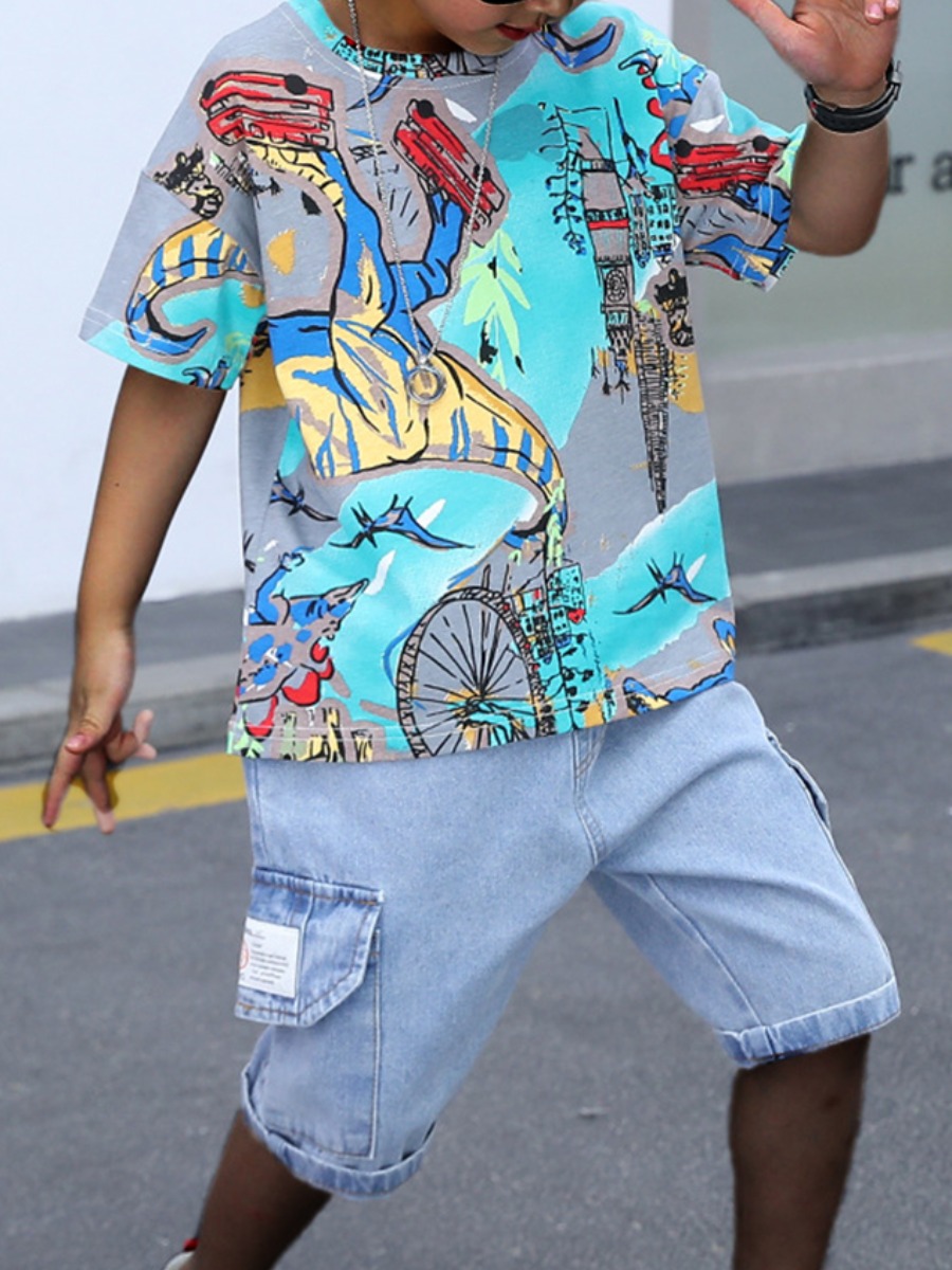 

Lovely Boy Street Graffiti Print Side Pocket Grey Two Piece Shorts Set