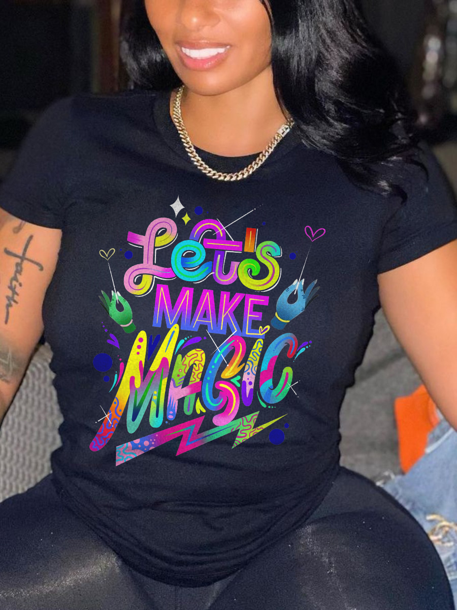 

Lovely Street O Neck Letter Print Black T-shirt