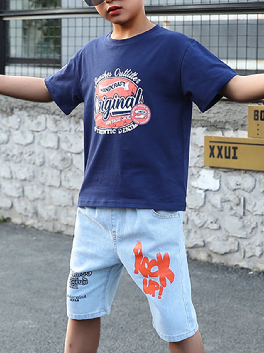 

Lovely Boy Street Letter Print Patchwork Blue Two Piece Shorts Set