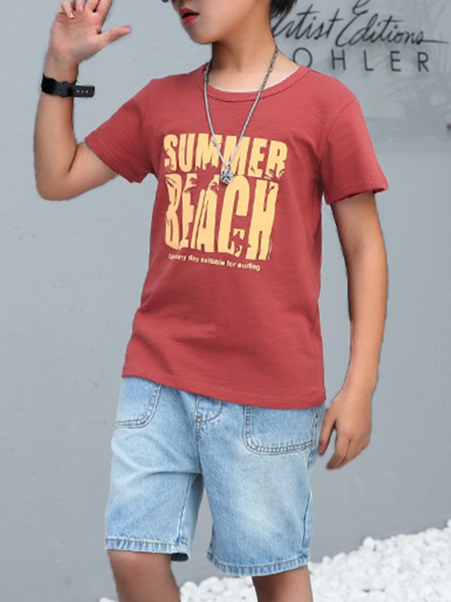 

Lovely Boy Street O Neck Letter Print Brick Red Two Piece Shorts Set