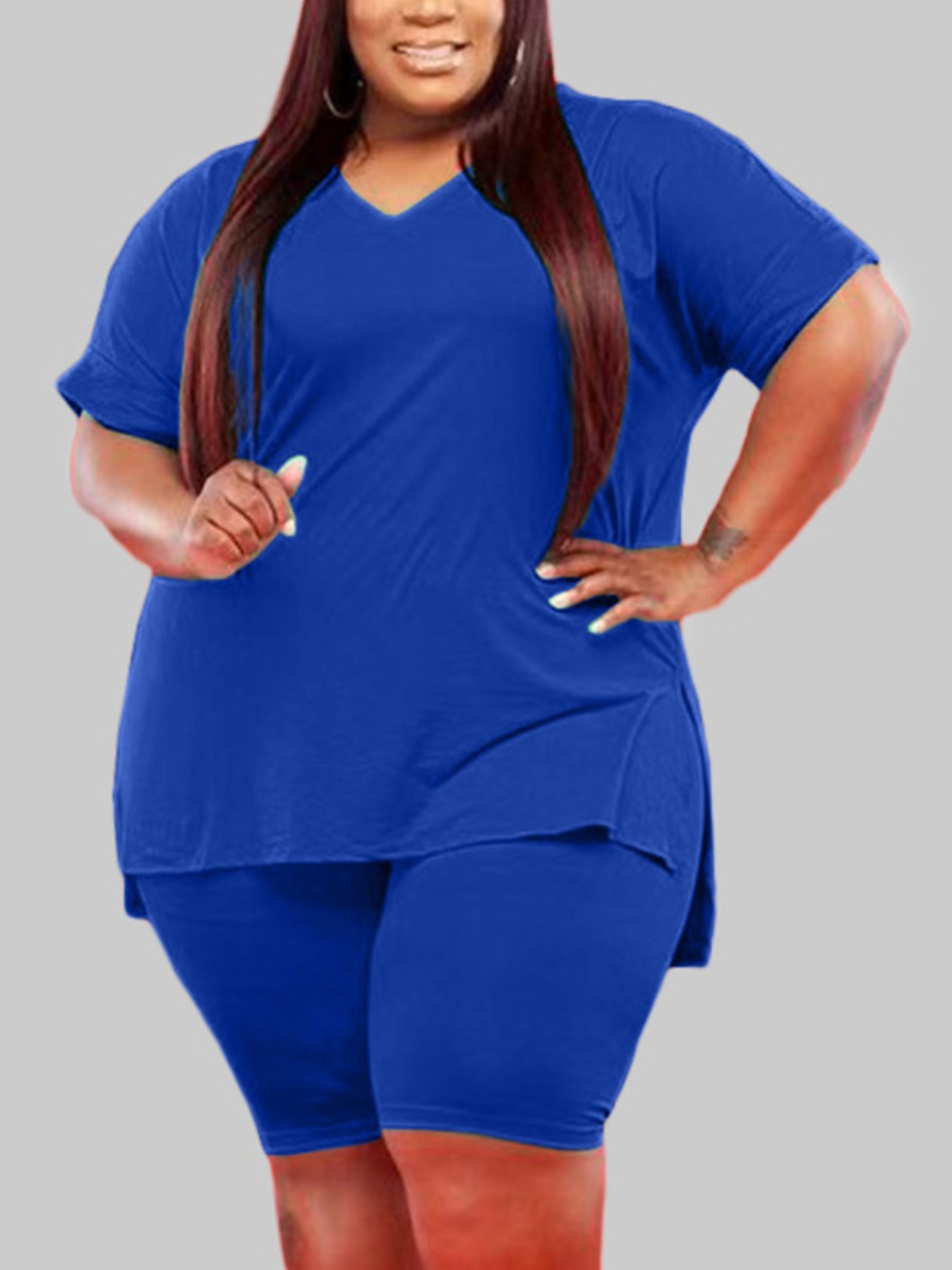 

LW Plus Size Casual V Neck Split Blue Two-piece Shorts Set