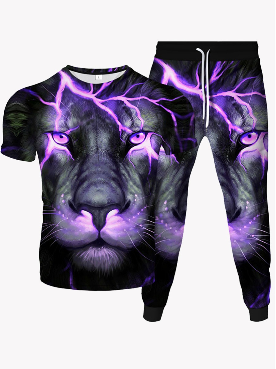 

Lovely Men Street Animal Print Drawstring Purple Two Piece Pants Set