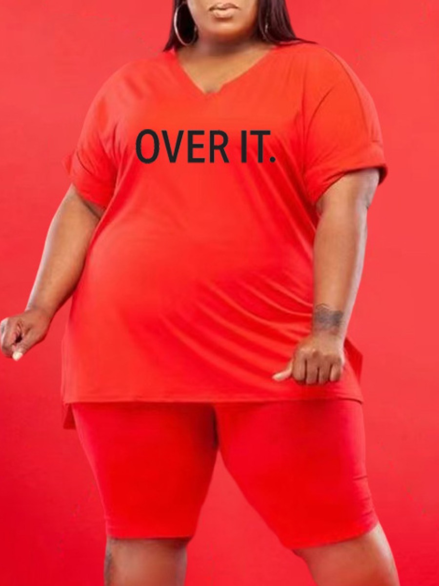 

Lovely Casual Letter Print Split Red Plus Size Two-piece Shorts Set