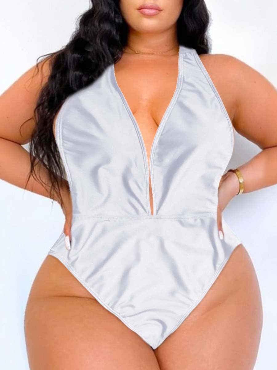 

Lovely Sweet V Neck Backless Black Plus Size One-piece Swimsuit, White