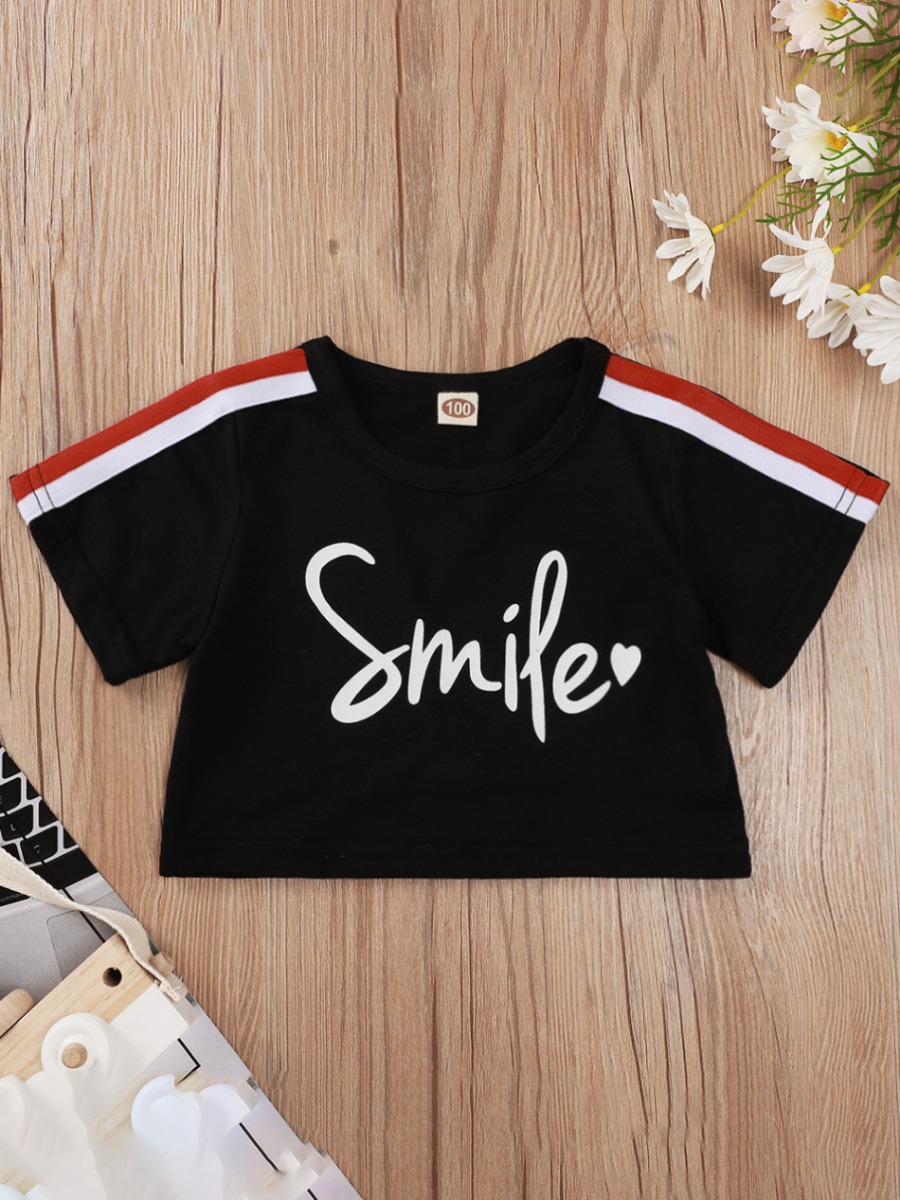 

Lovely Girl Street Letter Print Striped Black T-shirt