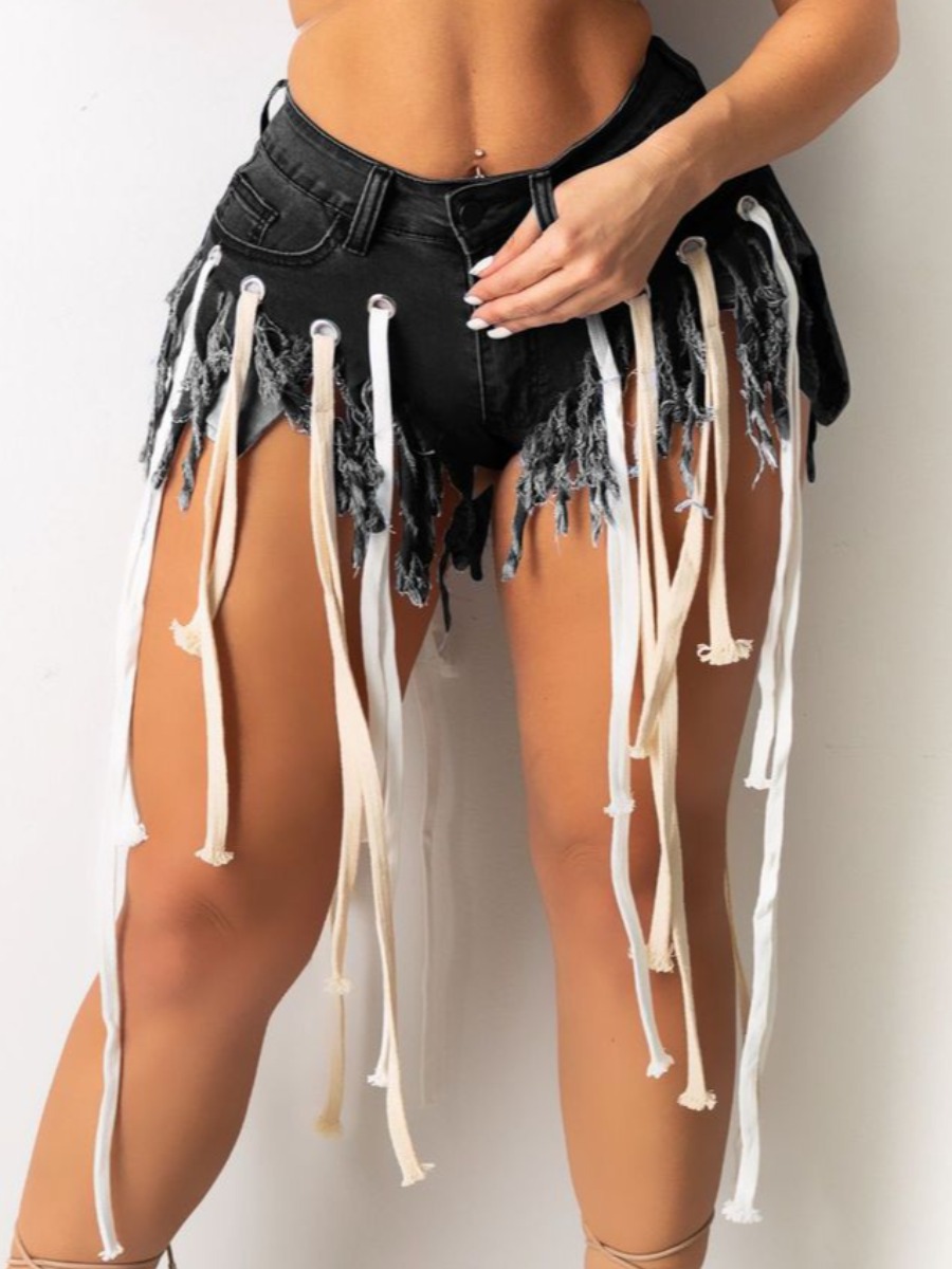 

Lovely Street Ripped Tassel Design Black Denim Shorts