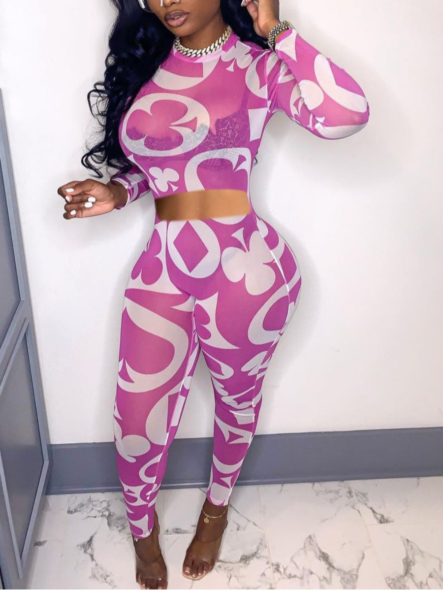 

Lovely Sexy Floral Print Striped Hollow-out Yellow Two Piece Pants Set, Pink