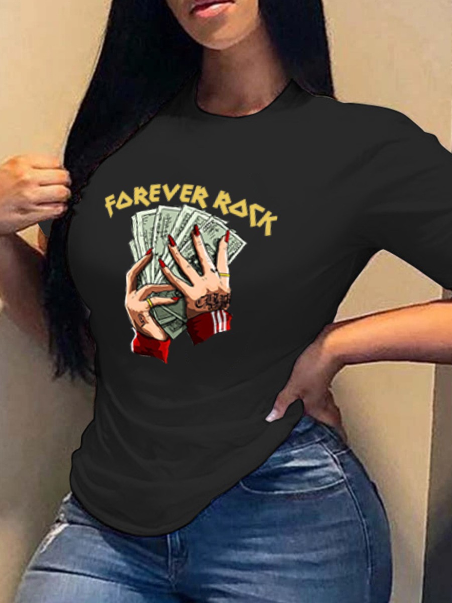 

Lovely Casual O Neck Money Letter Print Black T-shirt