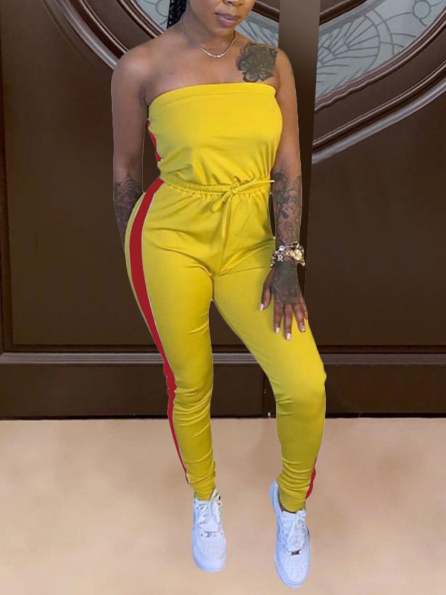 

Lovely Sporty Off The Shoulder Striped Drawstring Yellow One-piece Jumpsuit
