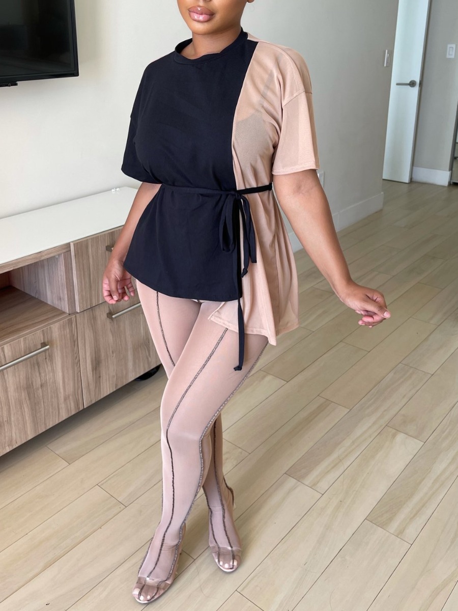 

Lovely Street Dropped Shoulder Bandage Design Apricot Two Piece Pants Set