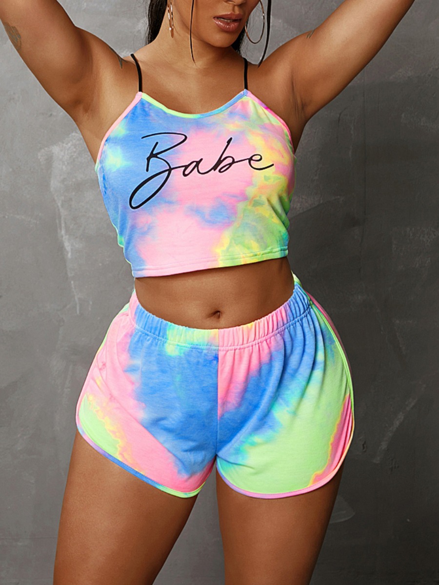 

Lovely Sporty Letter Print Tie Dye Multicolor Two Piece Shorts Set, Multi