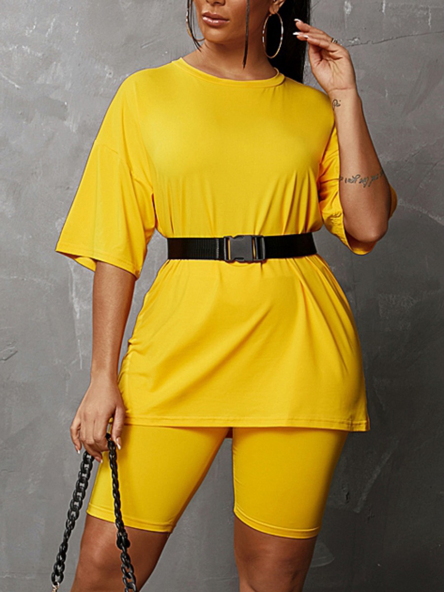 

Lovely Sporty O Neck Dropped Shoulder Yellow Two Piece Shorts Set(With Belt
