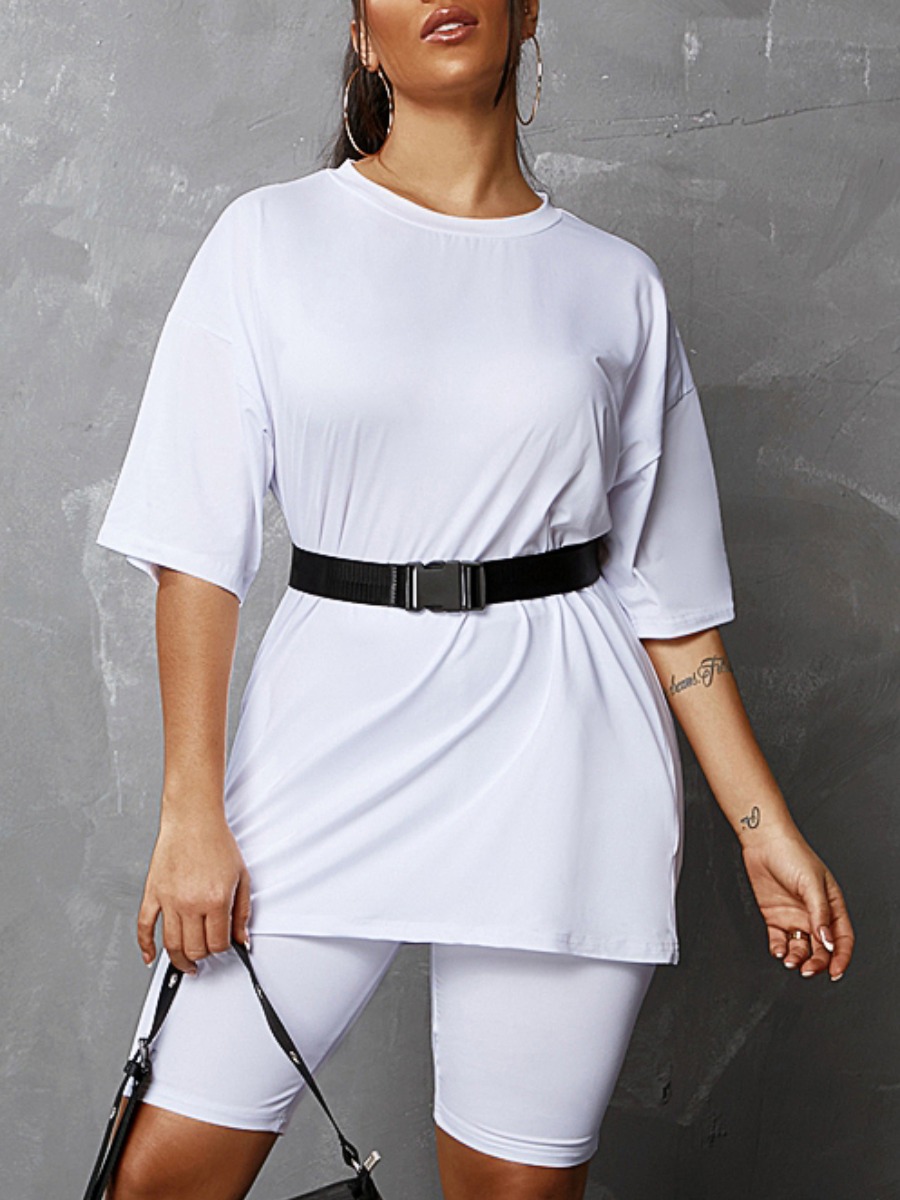 

Lovely Sporty O Neck Dropped Shoulder White Two Piece Shorts Set(With Belt