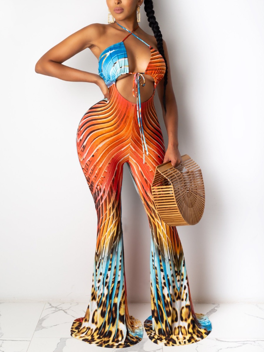

Lovely Boho Flared Bandage Hollow-out Design Multicolor One-piece Jumpsuit, Multi