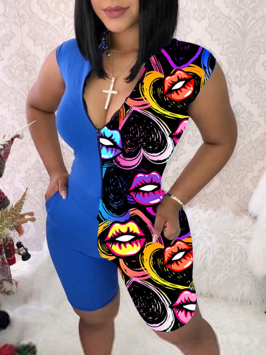 

Lovely Street Lip Print Zipper Design Blue One-piece Romper