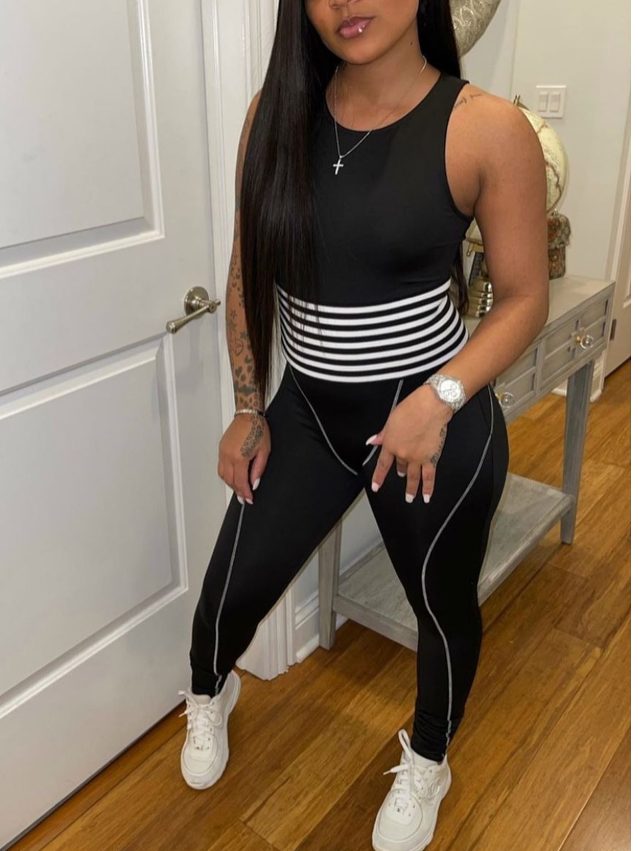 

Lovely Sporty O Neck Striped Black One-piece Jumpsuit