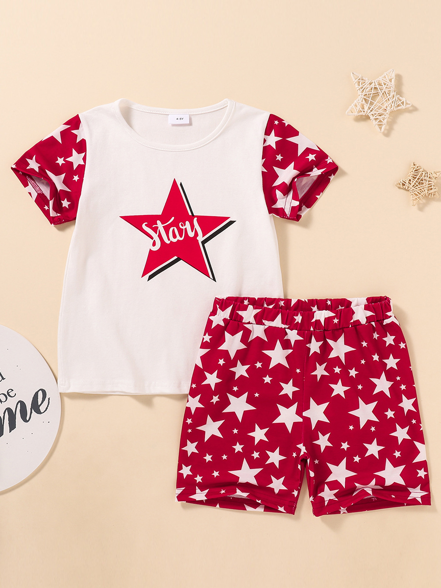 

Lovely Girl Sporty Letter Star Print White Two Piece Shorts Set