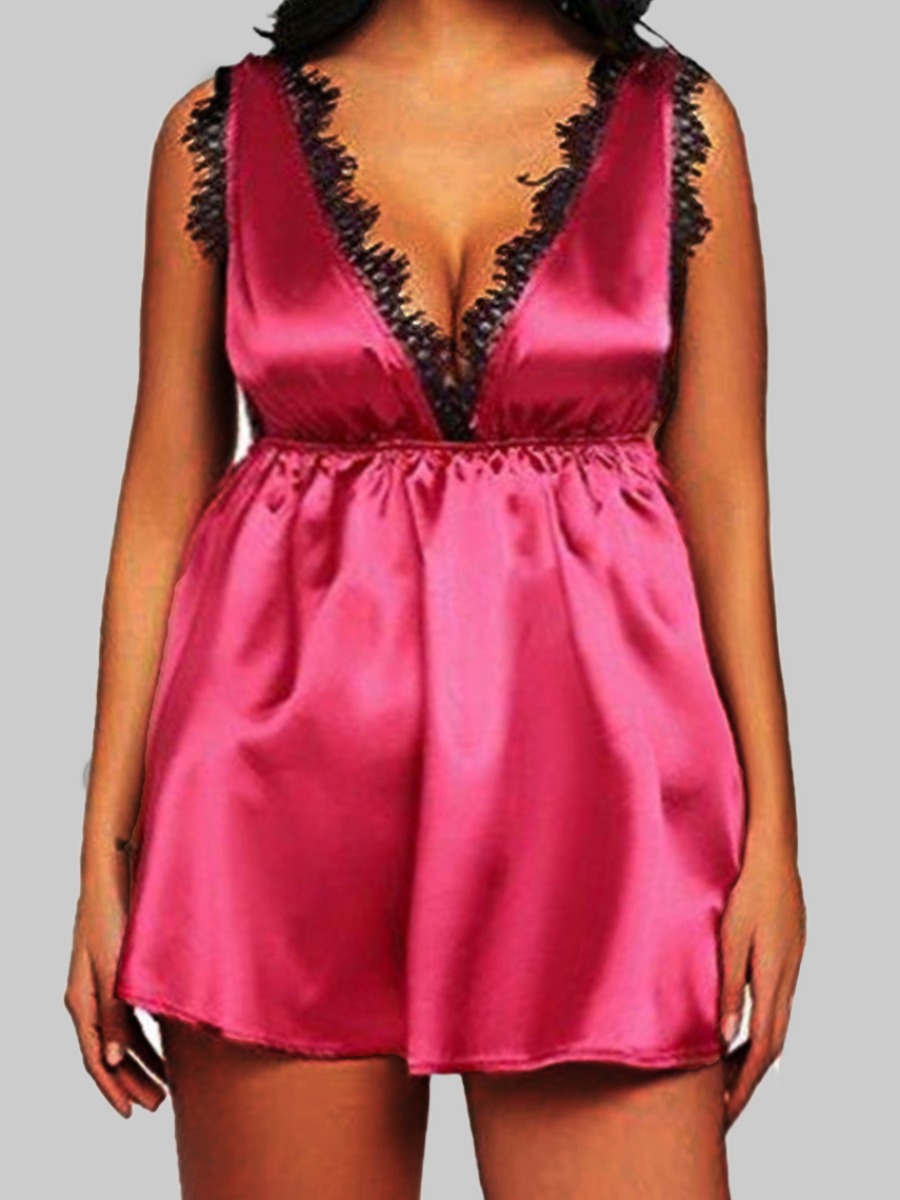 

Lovely Casual Fold Design Lace Patchwork Red Sleepwear