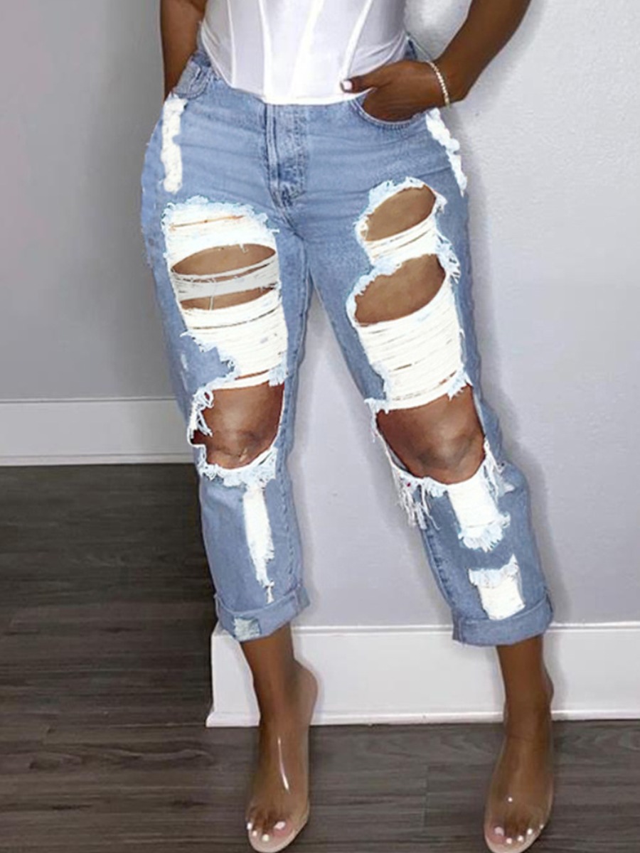 

Lovely Plus Size Street High-waisted Ripped Baby Blue Jeans