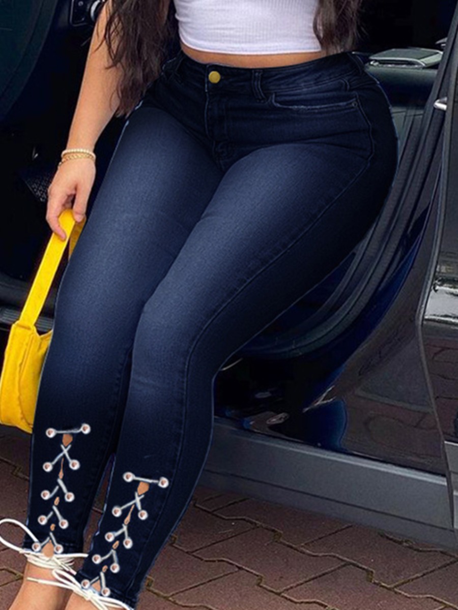 

LW Plus Size Street Bandage Hollow-out Design Deep Blue Jeans