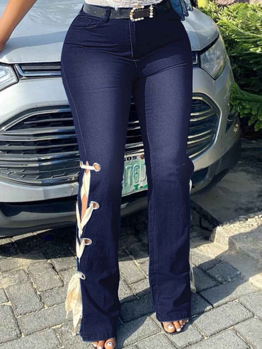 

Lovely Plus Size Street Bandage Hollow-out Design Deep Blue Jeans