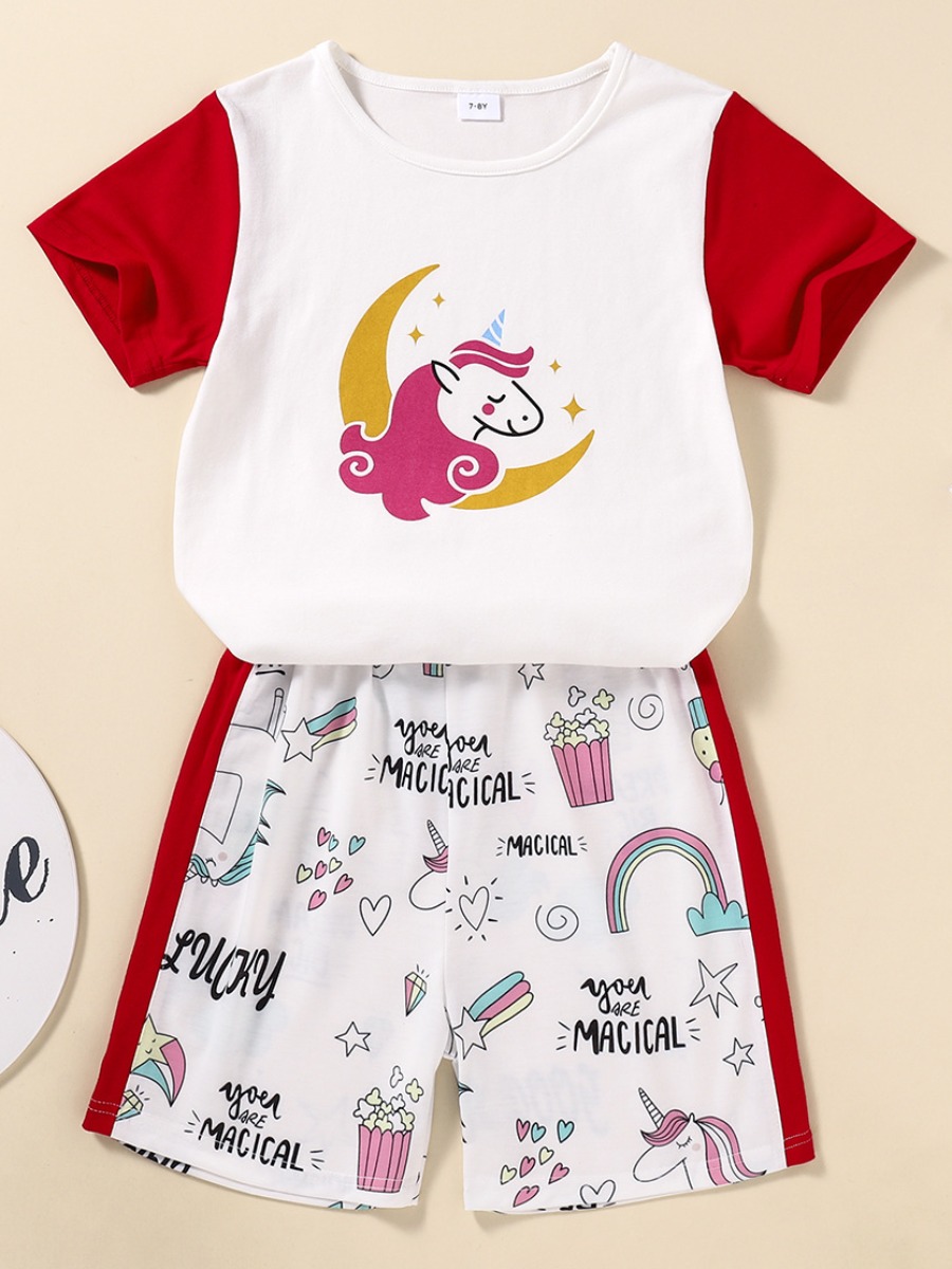 

Lovely Girl Sweet Rainbow Cartoon Print White Two Piece Shorts Set