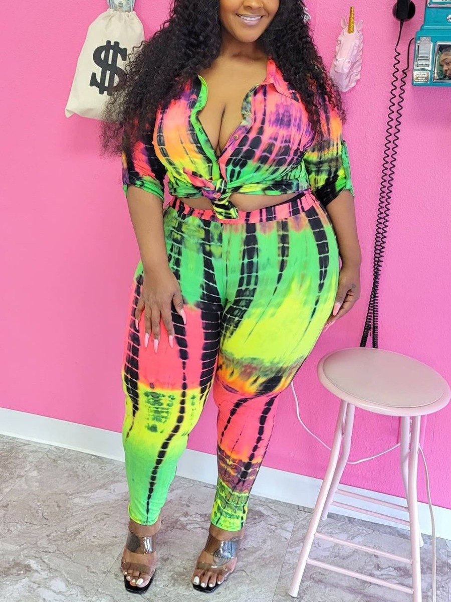 LW Plus Size Turndown Collar Print Pants Set